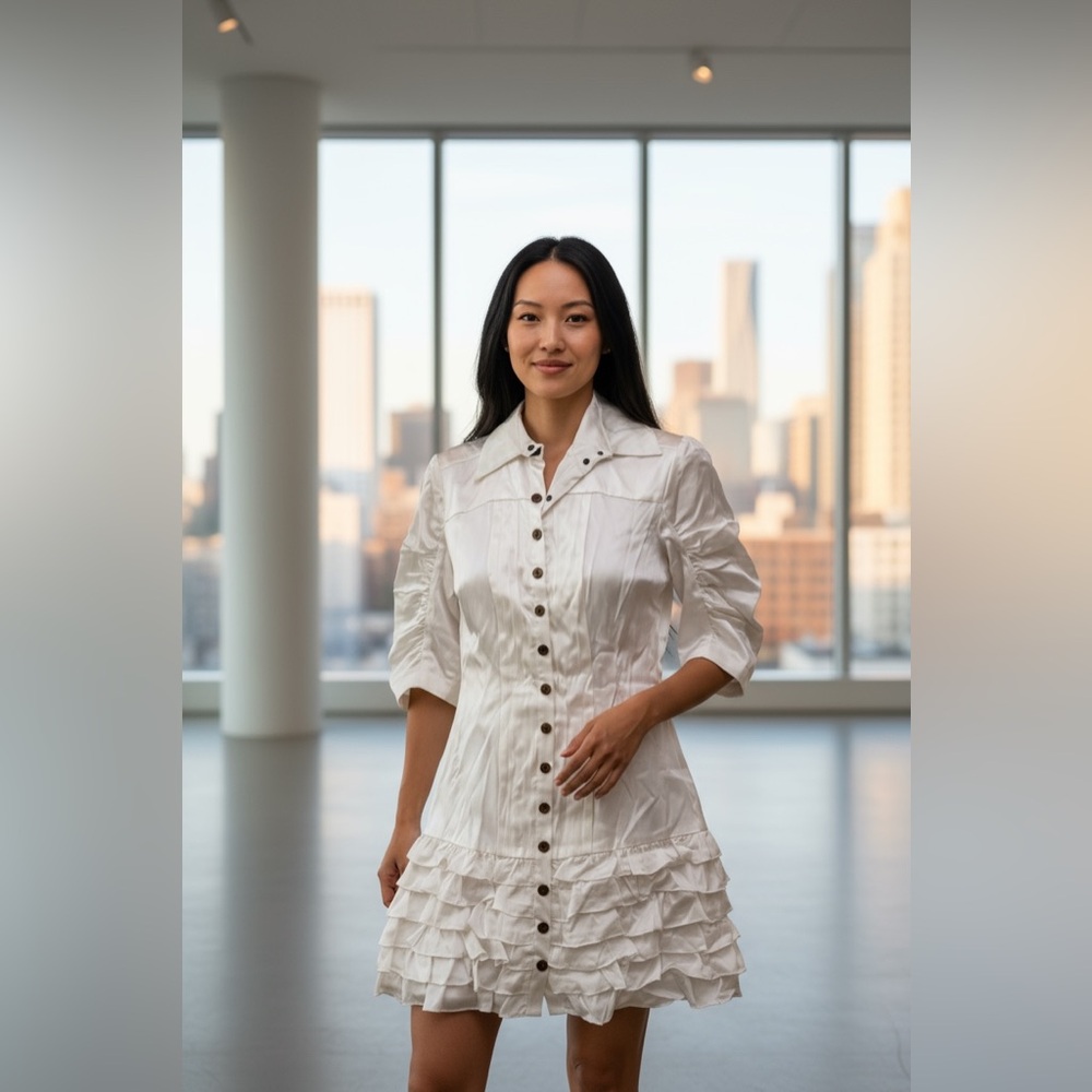 Satin Off White Button Down Ruffle Dress – Size XS